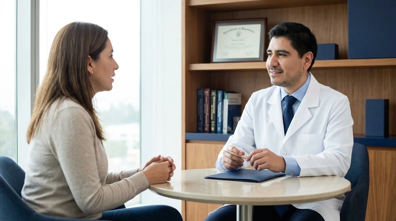 Dr. Luis Schwarz escuchando a una paciente durante una consulta personalizada