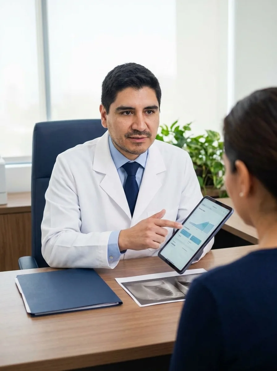 Dr. Luis Schwarz explicando un plan de tratamiento oncológico personalizado